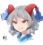  1girl commentary_request curly_hair dress eye_print gloves grey_gloves grin highres horizontal_pupils horn_ornament horn_ribbon horns medium_hair otomeza_ryuseigun pointy_ears rectangular_pupils red_eyes red_horns ribbon sharp_teeth sheep_horns simple_background smile solo sunken_fossil_world teeth touhou toutetsu_yuuma translation_request white_background 
