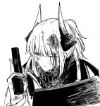  1girl arknights blood blood_in_hair blood_on_face closed_mouth dragon_girl dragon_horns greyscale gun hand_up handgun haruichi_(sazanami_complex) hatching_(texture) high_collar highres holding holding_gun holding_weapon horns injury jacket linear_hatching liskarm_(arknights) looking_to_the_side monochrome one_eye_closed portrait scarf serious short_hair simple_background solo trigger_discipline weapon white_background 