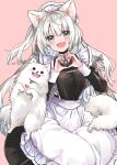  1girl :d animal_ear_fluff animal_ears apron black_choker black_dress blue_eyes blush bow breasts choker collared_dress commentary_request dog_ears dog_girl dog_tail dress fang frilled_apron frills grey_bow hair_between_eyes hair_bow hands_up head_tilt heart heart_hands highres looking_at_viewer maid maid_apron maid_headdress medium_breasts mito_(go!go!king!) original pink_background pomeranian_(dog) ponytail simple_background smile solo tail white_apron 