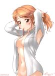  1girl aquila_(kancolle) armpit_cutout armpits arms_up breasts brown_eyes clothing_cutout hair_ornament hairclip kantai_collection long_hair medium_breasts mouth_hold naked_shirt navel one-hour_drawing_challenge open_clothes open_shirt orange_hair out-of-frame_censoring ray.s shirt smile solo wavy_hair white_shirt 