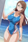  1girl anime_coloring blue_one-piece_swimsuit blue_sky breasts brown_hair cloud collarbone competition_swimsuit covered_navel covered_nipples cowboy_shot day green_eyes horizon large_breasts long_hair monteriakitto ocean one-piece_swimsuit original outdoors sky solo swimsuit thigh_gap two-tone_one-piece_swimsuit 