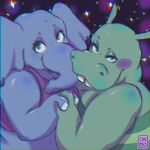 2022 3_dog_band anthro blue_body clothing common_hippopotamus digital_drawing_(artwork) digital_media_(artwork) duo duo_focus ear_piercing ear_ring elephant elephantid eyelashes female female/female green_body green_eyes group hand_holding hi_res hippopotamid looking_at_viewer mammal moomoonjun piercing proboscidean ring_piercing smile topwear watermark