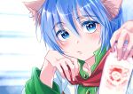  19670615t 1boy animal_ears blue_eyes blue_hair bottle cat_ears closed_mouth collarbone highres lab_coat leon_geeste looking_at_viewer male_focus milk_bottle short_hair solo star_ocean star_ocean_the_second_story 