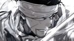  1boy :d bandaged_head bandages cloak close-up facial_hair goatee golden_kamuy grin grmms_otk hair_slicked_back hood hood_down hooded_cloak looking_ahead male_focus ogata_hyakunosuke one_eye_covered open_mouth portrait short_hair smile snow snowing solo teeth undercut 