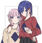  2girls arm_around_neck atenaba black_skirt blue_eyes blue_hair braid brown_sweater closed_mouth colored_inner_hair commentary french_braid hand_on_another&#039;s_waist hashtag_only_commentary highres kaf_(kamitsubaki_studio) kamitsubaki_studio long_hair long_sleeves multicolored_hair multiple_girls parted_lips pink_hair pleated_skirt red_hair red_sweater rim_(kamitsubaki_studio) simple_background skirt sweater white_background yellow_pupils 