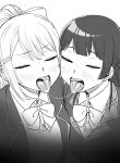  2girls absurdres after_kiss bow bowtie greyscale hair_bow hair_ornament hairclip highres higuchi_kaede kaiman_garupan monochrome multiple_girls nijisanji open_mouth ponytail saliva saliva_trail school_uniform sweatdrop tongue tongue_out tsukino_mito virtual_youtuber yuri 