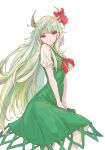 1girl blush closed_mouth dress ex-keine feet_out_of_frame green_dress green_hair highres horns kamishirasawa_keine kashiwada_kiiho long_hair looking_at_viewer puffy_short_sleeves puffy_sleeves red_eyes short_sleeves simple_background solo touhou white_background 