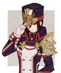  1girl asozan_(cocomil) black_hair black_headwear black_jacket brown_eyes closed_mouth gloves grey_background hand_on_headwear hand_up hat jacket long_sleeves military_hat morag_ladair_(xenoblade) solo two-tone_background upper_body white_background white_gloves xenoblade_chronicles_(series) xenoblade_chronicles_2 