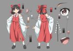  1girl black_hair bow brown_eyes brown_footwear closed_mouth color_guide commentary_request detached_sleeves embodiment_of_scarlet_devil full_body gohei grey_background gyouza_(mhea5724) hair_bow hair_tubes hakurei_reimu happy highres loafers long_sleeves multiple_views ofuda open_mouth ponytail red_bow red_skirt red_sleeves red_vest reference_sheet ribbon-trimmed_sleeves ribbon_trim shoes sidelocks simple_background skirt smile socks standing teeth touhou upper_teeth_only vest white_sleeves white_socks wide_sleeves 