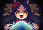 1girl absurdres animal_ears black_hair breasts chibi dot_nose earth_(planet) fang giant giantess hair_ornament highres horse_ears jewelry maigo_(user_xkwr8585) marvelous_sunday_(umamusume) medium_breasts necklace open_mouth planet shaded_face shirt skin_fang smile solo space star_(sky) straight-on twintails umamusume upper_body v-shaped_eyebrows white_shirt wrist_cuffs 