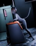 3d_(artwork) anthro bdsm close-up digital_media_(artwork) domestic_cat electrostimulation felid feline felis fucking_machine genitals glande hi_res laboratory machine male mammal milking_machine monarquis penis romy_(monarquis) slave solo