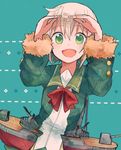  blonde_hair bow bowtie fur_trim green_eyes green_jacket green_sailor_collar itomugi-kun jacket kantai_collection long_sleeves looking_at_viewer machinery open_mouth red_bow red_neckwear sailor_collar shimushu_(kantai_collection) shimushu_pose short_hair solo upper_body 