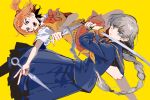  2girls blue_sailor_collar blue_serafuku bow bowtie braid bright_pupils brown_eyes brown_hair closed_mouth commentary feet_out_of_frame frown genderswap genderswap_(mtf) grey_eyes grey_hair hanamura_yousuke highres holding holding_knife holding_sword holding_weapon knife kunai long_skirt long_sleeves multiple_girls narukami_yuu neckerchief open_mouth persona persona_4 pleated_skirt red_bow red_bowtie red_skirt sailor_collar school_uniform serafuku shirt short_hair short_sleeves side_ponytail simple_background skirt sword teeth upper_teeth_only vest weapon wendy3807 white_pupils white_shirt yellow_background yellow_neckerchief yellow_vest 