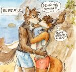 akatan_art anthro beach blue_bottomwear blue_clothing blue_shorts blush bottomwear canid canine canis clothing collar duo fox hi_res humanoid kissing male male/male mammal neck_tuft painting_(artwork) red_bottomwear red_clothing red_shorts shorts skinny tail thoughts topwear traditional_media_(artwork) tuft vest watercolor_(artwork) wolf wristband