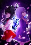  back-to-back black_hair black_legwear closed_eyes dress fate/stay_night fate/zero fate_(series) hair_ribbon highres matou_sakura multiple_girls petals purple_eyes purple_hair ribbon siblings sisters skirt standing thighhighs toosaka_rin yaoshi_jun younger zettai_ryouiki 