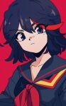  1girl :/ black_eyes black_hair black_serafuku highres kill_la_kill looking_at_viewer matoi_ryuuko multicolored_hair neckerchief nzeneee red_background red_hair red_neckerchief school_uniform senketsu serafuku short_hair solo streaked_hair two-tone_hair 