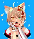  1girl ahoge animal_ear_fluff animal_ears asymmetrical_clothes bell braid braided_bangs breasts cat_girl detached_collar fangs gabutmotor gloves green_eyes hair_bell hair_ornament heterochromia nail nekomata prism_project single_glove small_breasts solo suzune_nia yellow_eyes 