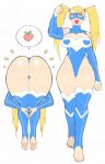  1girl ass ass_focus barefoot biceps blonde_hair blue_eyes blue_leotard breasts cleavage_cutout clothing_cutout food fruit highres inkerton-kun large_breasts leotard long_hair multiple_views open_mouth peach rainbow_mika spoken_food street_fighter thick_thighs thighs toeless_legwear twintails v-shaped_eyebrows wide_hips 