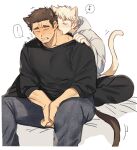  2boys ace_of_diamond animal_ears bara black_hair blonde_hair cat_boy cat_ears cat_tail clothes_grab couple feet_out_of_frame harada_masatoshi highres kemonomimi_mode licking licking_another&#039;s_neck male_focus multiple_boys musical_note narumiya_mei nikame saliva short_hair simple_background sitting size_difference sleeves_rolled_up speech_bubble spoken_musical_note sweatdrop sweater tail white_background yaoi 
