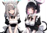  2girls alternate_costume apron black_dress black_hair blue_archive blue_eyes blue_halo blush breasts cat_tail cleavage closed_mouth colored_inner_hair cross_hair_ornament dress ear_down enmaided extra_ears grey_hair hair_ornament hairclip halo highres kazusa_(blue_archive) looking_at_viewer maid maid_apron maid_headdress marisasu_(marisa0904) medium_breasts mismatched_pupils multicolored_hair multiple_girls pink_hair pink_halo puffy_short_sleeves puffy_sleeves red_eyes shiroko_(blue_archive) short_hair short_sleeves simple_background slit_pupils tail upper_body waist_apron white_apron white_background 