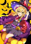  1girl :d alternate_costume bat_(animal) black_dress black_headwear blonde_hair blush bow braid cape cloak commentary_request crescent dress dutch_angle eyelashes fang green_bow hair_between_eyes hair_bow halloween halloween_costume hand_up happy hat hat_bow highres index_finger_raised jack-o&#039;-lantern kirisame_marisa kneehighs kyuu_cat light_particles long_hair looking_at_viewer neck_ribbon open_mouth pumpkin purple_cape red_bow red_ribbon ribbon shirt simple_background single_braid sitting skin_fang smile socks solo striped_clothes striped_socks top_hat touhou tsurime white_shirt witch_hat yellow_background yellow_eyes 