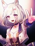  1girl animal_ears blurry breasts collarbone cropped_jacket depth_of_field grey_hair hair_ornament hairclip happy_meek_(umamusume) highres horse_ears jacket maigo_(user_xkwr8585) open_clothes open_jacket open_mouth outstretched_arm pendant_choker pink_eyes red_jacket red_vest shirt short_hair small_breasts smile solo starting_future_(umamusume) sweat umamusume upper_body v vest white_shirt 