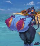 anthro areola beach big_breasts bikini bracelet breasts clothing eyewear eyewear_on_head female generation_4_pokemon hand_on_breast huge_breasts huge_thighs hyper hyper_breasts jewelry looking_at_viewer luxray multicolored_body nintendo nipple_outline nipples pokemon pokemon_(species) purple_sclera snao solo sunglasses sunglasses_on_head swimwear thick_thighs two_tone_body yellow_areola yellow_eyes