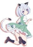  1girl animal_ears black_socks blue_eyes blush bob_cut cat_ears cat_girl cat_tail closed_mouth commentary_request drop_shadow expressionless frilled_skirt frills from_behind full_body green_skirt green_vest grey_hair hands_up kemonomimi_mode kneehighs konpaku_youmu kyuu_cat looking_at_viewer looking_back paw_pose puffy_short_sleeves puffy_sleeves shirt shoe_soles short_hair short_sleeves simple_background skirt socks solo tail touhou vest white_background white_shirt 