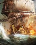  boat cannon edouard_groult english_commentary fire gun highres holding holding_gun holding_weapon ocean original people rifle sail ship_of_the_line smoke vehicle_focus watercraft waves weapon 