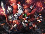  alteisen armor explosion green_eyes highres horns looking_at_viewer mecha nica_(32400260) no_humans pile_bunker robot science_fiction single_horn solo super_robot_wars super_robot_wars_original_generation weapon 