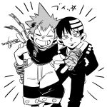  2boys ^_^ black_star closed_eyes copyright_name death_the_kid fingerless_gloves gloves greyscale highres hug larugo0513 looking_at_viewer male_focus monochrome multiple_boys smile soul_eater suit v v-shaped_eyebrows 