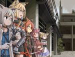  5girls animal_ear_fluff animal_ear_piercing animal_ears arknights blonde_hair blue_eyes closed_mouth fox_ears fox_girl glasses green_eyes grey_hair highres holding holding_staff holding_stuffed_toy morte_(arknights) multiple_girls myrrh_(arknights) notched_ear open_mouth parted_lips prosthesis prosthetic_arm purple_hair red_eyes red_hair shamare_(arknights) short_hair sixten staff stuffed_toy stuffed_wolf sussurro_(arknights) suzuran_(arknights) vermeil_(arknights) 