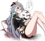  1girl black_dress bright_pupils dress feet_out_of_frame fu_hua fu_hua_(herrscher_of_sentience) grey_hair hair_between_eyes hair_ornament honkai_(series) honkai_impact_3rd jingwei_(bird) long_hair looking_up multicolored_hair orange_eyes sitting solo thought_bubble translation_request two-tone_hair very_long_hair white_hair white_pupils yunomi_(yunomi_hs) 