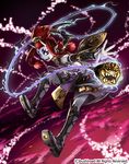  bare_shoulders cardfight!!_vanguard chain_sikle_stealth_rogue_onifundo comb company_name facial_mark horns long_hair male_focus mekameka_shii open_mouth pale_skin pointy_ears ponytail red_eyes red_hair sickle solo teeth whip 