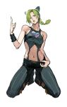  ccnsbr green_eyes green_hair green_nails hand_up highres index_finger_raised jojo_no_kimyou_na_bouken kneeling kujo_jolyne navel tattoo 