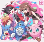  1girl 2boys :d backwards_hat baseball_cap belt blue_oak blue_pants breasts brown_belt brown_eyes brown_hair clenched_hand closed_mouth commentary_request dress gloves golduck green_(pokemon) hair_between_eyes hand_up hat highres holding holding_poke_ball index_finger_raised jacket jigglypuff long_hair multiple_boys open_clothes open_jacket open_mouth pants poke_ball poke_ball_(basic) pokemon pokemon_(creature) pokemon_adventures poliwhirl purple_shirt red_(pokemon) shirt sidelocks sleeveless sleeveless_dress smile spiked_hair sutokame white_gloves 