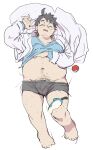  1boy bara belly black_male_underwear boxer_briefs bulge bunko_(b_unko_3) dakimakura_(medium) facial_hair fat fat_man from_above glasses goatee_stubble grey_hair highres lab_coat lifted_by_self male_focus male_underwear male_underwear_pull merchandise midriff neroli_(pokemon) no_pants plump pokemon pokemon_sleep protected_link round_eyewear shirt short_hair sleep_mask sleeping smile snorlax solo sparse_leg_hair sparse_navel_hair stubble thick_eyebrows underwear 