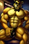 2024 5_fingers abs anthro barazoku bear bedroom_eyes biceps big_bulge black_clothing black_underwear bow_tie bulge cafeaubandage claws clothed clothing detailed_background detailed_bulge digital_drawing_(artwork) digital_media_(artwork) finger_claws fingers five_nights_at_freddy&#039;s fur genital_outline golden_freddy_(fnaf) hat headgear headwear inside looking_at_viewer male mammal muscular muscular_anthro muscular_male muscular_thighs narrowed_eyes navel pecs penis_outline scottgames seductive sitting smile solo top_hat underwear underwear_only yellow_body yellow_eyes yellow_fur