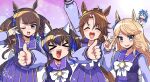  &gt;_&lt; 5girls :3 animal_ears blue_eyes blue_hair blush breasts daitaku_helios_(umamusume) gold_city_(umamusume) gyaru hair_ornament hairclip highres horse_ears horse_girl izumi_kanata looking_at_viewer lucky_star medium_breasts mejiro_palmer_(umamusume) mira_shamaliyy multiple_girls one_eye_closed open_mouth parody school_uniform simple_background thumbs_up tosen_jordan_(umamusume) tracen_school_uniform umamusume 