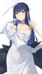  1girl absurdres black_hair blue_archive blue_hair breasts choker cleavage colored_inner_hair commentary covered_navel dress gloves halo hand_on_own_hip highres large_breasts long_hair looking_at_viewer mm_(mhm2592) multicolored_hair saori_(blue_archive) saori_(dress)_(blue_archive) simple_background solo straight_hair strapless strapless_dress two-tone_hair very_long_hair white_background white_choker white_dress white_gloves 