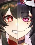  2girls :d black_choker blush brown_hair choker close-up closed_mouth flower_in_eye fox_mask genshin_impact grin hair_between_eyes highres honkai:_star_rail honkai_(series) hu_tao_(genshin_impact) long_hair mask mask_on_head mole mole_under_eye multiple_girls open_mouth pink_eyes portrait red_eyes sidelocks smile sparkle_(honkai:_star_rail) split_theme star-shaped_pupils star_(symbol) straight-on symbol-shaped_pupils symbol_in_eye teeth zenata_roka 