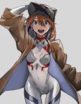  1girl blue_eyes bodysuit breasts brown_hair cleavage evangelion:_3.0+1.0_thrice_upon_a_time hair_between_eyes highres long_hair looking_at_viewer medium_breasts neon_genesis_evangelion pilot_suit plugsuit rebuild_of_evangelion solo souryuu_asuka_langley two_side_up white_bodysuit yagisawa_teru 