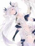  1girl bare_shoulders black_gloves black_ribbon cheng_(zi74438982) detached_sleeves dutch_angle elbow_gloves frilled_hair_tubes frills gloves grey_hair hair_over_eyes hair_ribbon hair_tubes highres long_hair luna:_oblivion_(punishing:_gray_raven) luna_(punishing:_gray_raven) mechanical_wings midriff official_alternate_costume parted_lips punishing:_gray_raven red_eyes ribbon short_sleeves single_wing solo twintails wings 