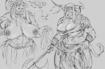 2024 accessory anthro areola armor axe big_breasts biped bodily_fluids bovid bovine bracers breasts cattle daniella_(doctordj) digital_media_(artwork) doctordj elden_ring english_text female fromsoftware furgonomics hair hair_over_eyes hi_res highland_cattle holding_axe holding_object horn horn_accessory mammal nipples pauldron sketch solo speech_bubble sweat sweaty_breasts text