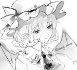  1girl ascot bat_wings blood blood_on_clothes blood_on_face bow brooch collared_shirt curly_hair greyscale hair_between_eyes hanaya_(fleur) hat hat_bow highres jewelry mob_cap monochrome remilia_scarlet sad shirt short_hair solo touhou wings 