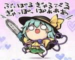  black_footwear black_hat bow chainsaw chibi eyeball full_body green_hair green_skirt hair_between_eyes hat heart heart_of_string holding holding_weapon komeiji_koishi nekoguruma o_o open_mouth shirt shoes short_hair skirt sleeves_past_wrists smile solo third_eye touhou translated weapon wide_sleeves yellow_bow yellow_shirt 