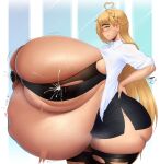  ass big_belly black_thighhighs blonde_hair blue_eyes bra braid breasts bursting_breasts coffeeslice commission gigantic_breasts highres huge_ass inflation lactation long_hair office_lady original pencil_skirt pregnant skindentation skirt thighhighs underwear 