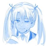  aida_yuu blood blood_on_face gunslinger_girl light_smile long_hair lowres necktie one_eye_closed sketch solo_focus triela twintails white_background 