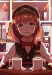  black_hat blue_eyes bow bowtie brown_hair coffee coffee_beans coffee_maker_(object) coffee_mug cup employee_uniform eyebrows_visible_through_hair hat heart highres holding holding_tray idolmaster idolmaster_cinderella_girls looking_at_viewer mug name_tag pot-palm red_bow red_neckwear sakuma_mayu shaded_face short_hair smile solo tray uniform 