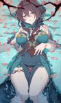  1girl absurdres aqua_dress arm_behind_back bare_legs bare_shoulders bead_necklace beads black_hair blurry branch breasts chinese_commentary cleavage covered_navel depth_of_field diamond_(shape) dress falling_petals gem green_eyes hair_between_eyes hair_bun hand_on_own_stomach highres honkai:_star_rail honkai_(series) jewelry large_breasts light_blush long_hair looking_at_viewer mengxin_huazha necklace parted_lips partially_submerged petals petals_on_liquid red_gemstone ripples ruan_mei_(honkai:_star_rail) sidelocks sleeveless sleeveless_dress solo strapless strapless_dress thighs water 